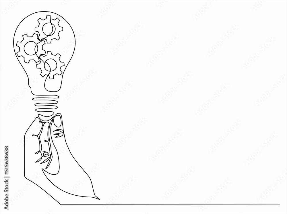 Aufkleber continuous line drawing of hand holding lightbulb with gears inside as line drawing on white backgro