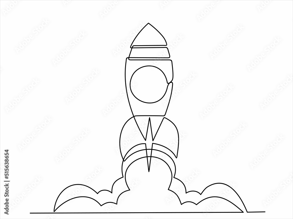 Poster continuous one line drawing of rocket launch, ship. continuous line drawing. startup business. vecto