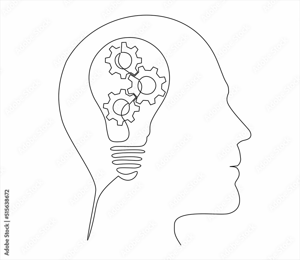 Poster continuous one line drawing of man head with lightbulb with gears inside as line drawing on white ba