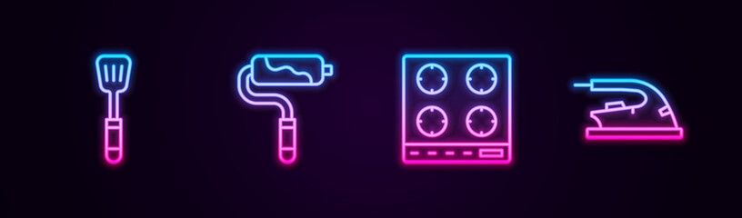 Set line Spatula, Paint roller brush, Gas stove and Electric iron. Glowing neon icon. Vector