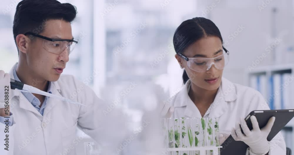 Poster Scientists growing plants in test tubes and typing data into digital tablet for an experiment on carbon capture. Chemists using pipette to put green leaves in glassware for climate change research