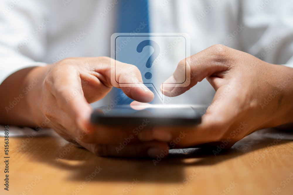 Poster man use smartphone with a question mark infographic.