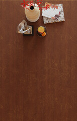 Mock up the top view of table in white with decorations. 3D rendering.