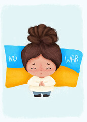 The little girl pray for Ukraine with background the colors of the flag of Ukraine. No war. "Stay with Ukraine" concept. Support for Ukraine. 