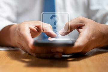 Man use smartphone with a question mark infographic.