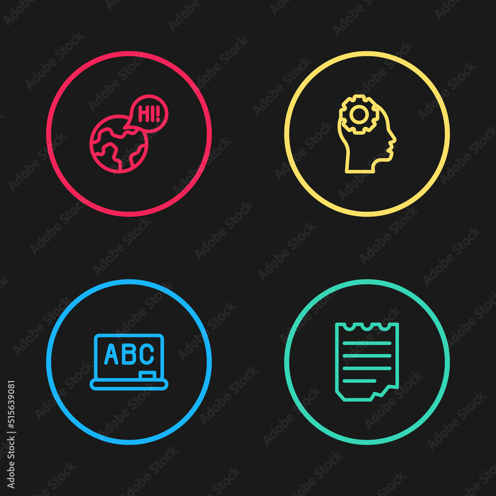 Poster set line chalkboard, notebook, head with gear inside and learning foreign languages icon. vector