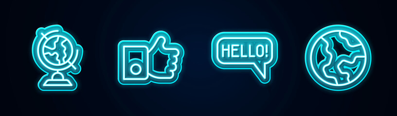 Set line Earth globe, Hand like, Hello in different languages and . Glowing neon icon. Vector