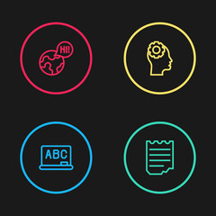 Set line Chalkboard, Notebook, Head with gear inside and Learning foreign languages icon. Vector