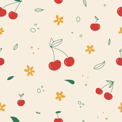 hand drawn simple cherry blossom pattern with flowers and leaves vector illustration