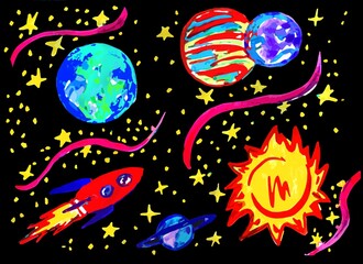 multicolored space with planets, stars and a rocket