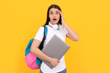 modern education. communication technology. woman with school bag hold laptop.