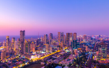 Mumbai cityscape turning purple at dusk.