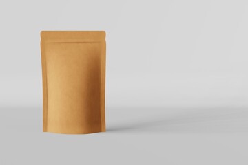 Paper pouch bag mockup white background isolated 3D render. Merchandise packaging design. Blank brown kraft pack coffee beans sachet product template. Tea food snack delivery. Shop sale demonstration.