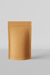 Paper pouch bag mockup white background isolated 3D render. Merchandise packaging design. Blank...