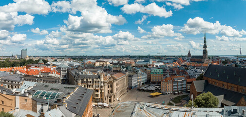Aerial view of the Riga old town in Latvia. Beautiful historical buildings and Domes cathedral. Summer in Riga.
