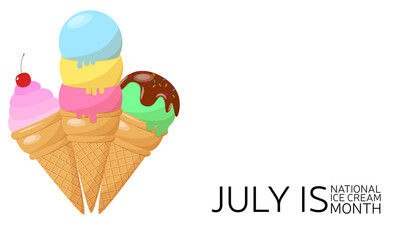 Happy National Ice Cream Day card. A waffle cone with various fruit ice cream scoops. Gelato or sorbet. Vector square banner in flat cartoon style.