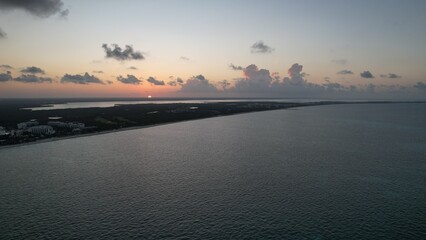 Amazing sunset view from the sky in the Cancun shore