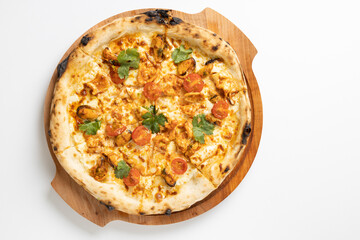 tom yam pizza on a white background