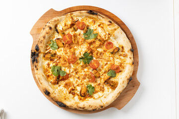 tom yam pizza on a white background