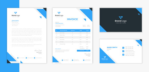 Blue Business Stationery design template with creative Letterhead, invoice and business card layout
