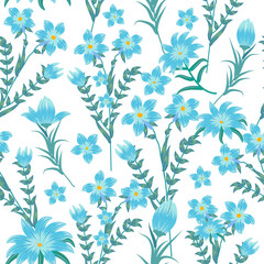 Fototapeta na wymiar Seamless pattern with blue flowers. Floral decorative vector background, plants, botanical design for fashion, fabric