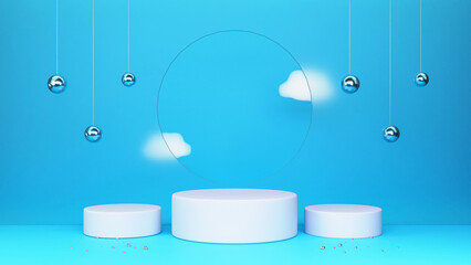 3D Render Of Empty Three Podium With Hanging Balls, Clouds On Glossy Blue And Cyan Background.