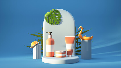 3D Render Of Product Mockups Over Podium With Fedora Hat, Inflatable Duck And Tropical Leaves On Blue Background.