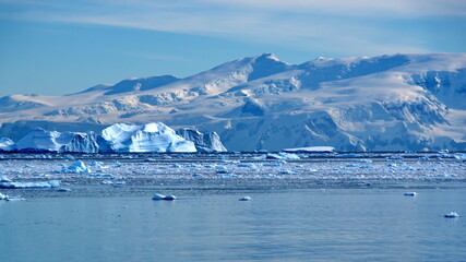 Fototapeta na wymiar Icebergs floating in front of snow covered mountains at Cierva Cove, Antarctica