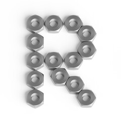 Capital letter R from iron nuts. Industrial or engineering font or symbol. 3d illustration. White background. Lettering design element