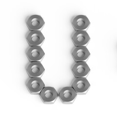 Capital letter U from iron nuts. Industrial or engineering font or symbol. 3d illustration. White background. Lettering design element