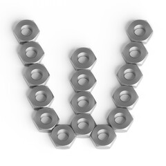 Capital letter W from iron nuts. Industrial or engineering font or symbol. 3d illustration. White background. Lettering design element