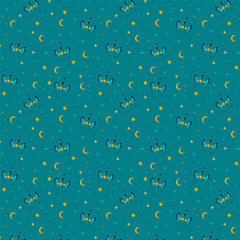 Fototapeta na wymiar Pattern with unicorns and stars, blue background