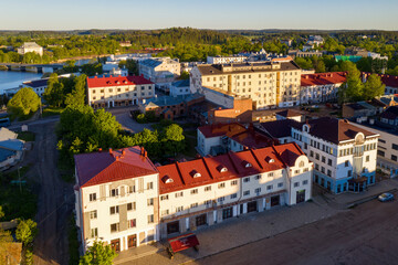 Aerial view of Ranta-aitta house (coastal barn, 1907-1909) on sunny morning. Sortavala, Karelia, Russia.