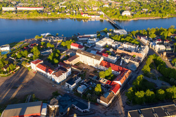 Aerial view of central part of Sortavala town on sunny summer morning. Karelia, Russia.