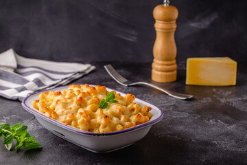 American mac and cheese, macaroni pasta in cheesy sauce