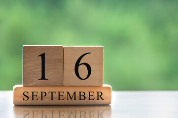 September 16 calendar date text on wooden blocks with copy space for ideas. Copy space.