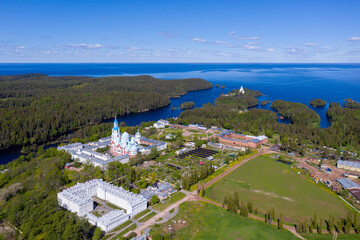 Fototapeta premium Aerial view of Valaam Monastery on sunny summer day. Ladoga lake, Karelia, Russia.
