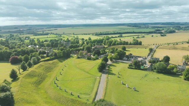 Aerial drone shot of Avebury stone circle, Wiltshire, UK
