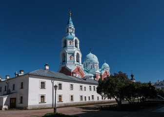 Fototapeta na wymiar View of Spaso-Preobrazhensky Cathedral of Valaam Monastery on sunny summer day. Valaam island of Ladoga lake, Karelia, Russia.