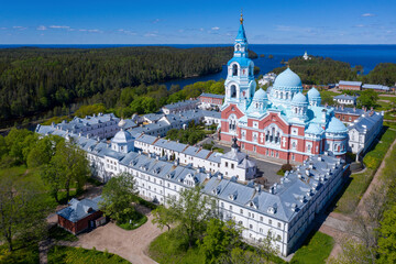 Fototapeta na wymiar View of Valaam Monastery on sunny summer day. Ladoga lake, Karelia, Russia.
