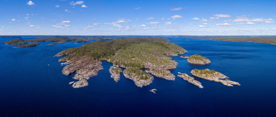 Panoramic aerial view of Honkasalo island and Ladoga lake on sunny summer day. Ladoga Skerries...