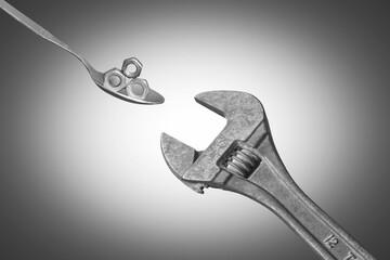 Grayscale conceptual image of a spoon of steel nuts approaching an adjustable wrench