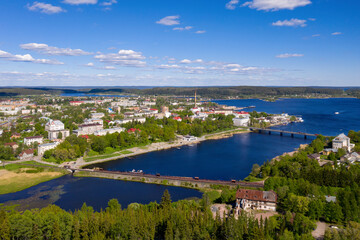Aerial view of Sortavala town and Lyappyarvi lake on sunny summer day. Karelia, Russia.