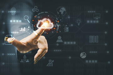 The concept of using technology to connect data to the world, business woman use smartphones. online transaction on the internet Big data is used marketing payment Search information