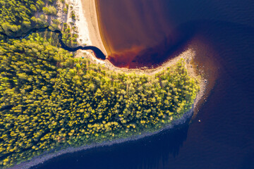 Drone view of small cape inLadoga lake on sunny summer day. Vidlitsa village, Karelia, Russia.