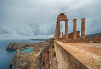Picturesque view of Lindos St.Pauls Bay from Acropolis, Rhodes, Greece
