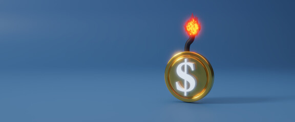 Dollar sign dissolve, bomb of money dollar with a burning wick, little time before the explosion, concept of financial crisis, inflation or interest rate causing economic recession, 3d rendering