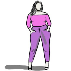 Body positive concept.Woman plus size.Confident obese women on over white background.Line drawing of cartoon character with illustration in flat design.