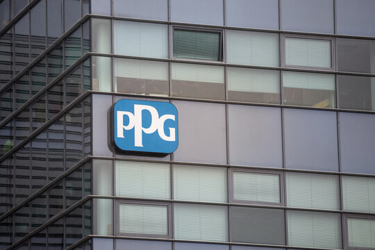 BRNO, CZECHIA - NOVEMBER 5, 2019: PPG industries logo in front of their main office for Brno. PPG Industries is an American corporation specialized in paints and industrial materials