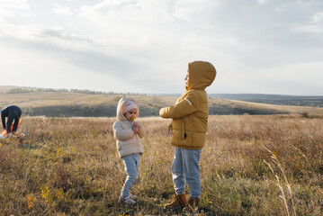 Fototapeta premium A happy family with children flies a kite and spends time together outdoors in a nature reserve. Happy childhood and family holidays. Freedom and space.